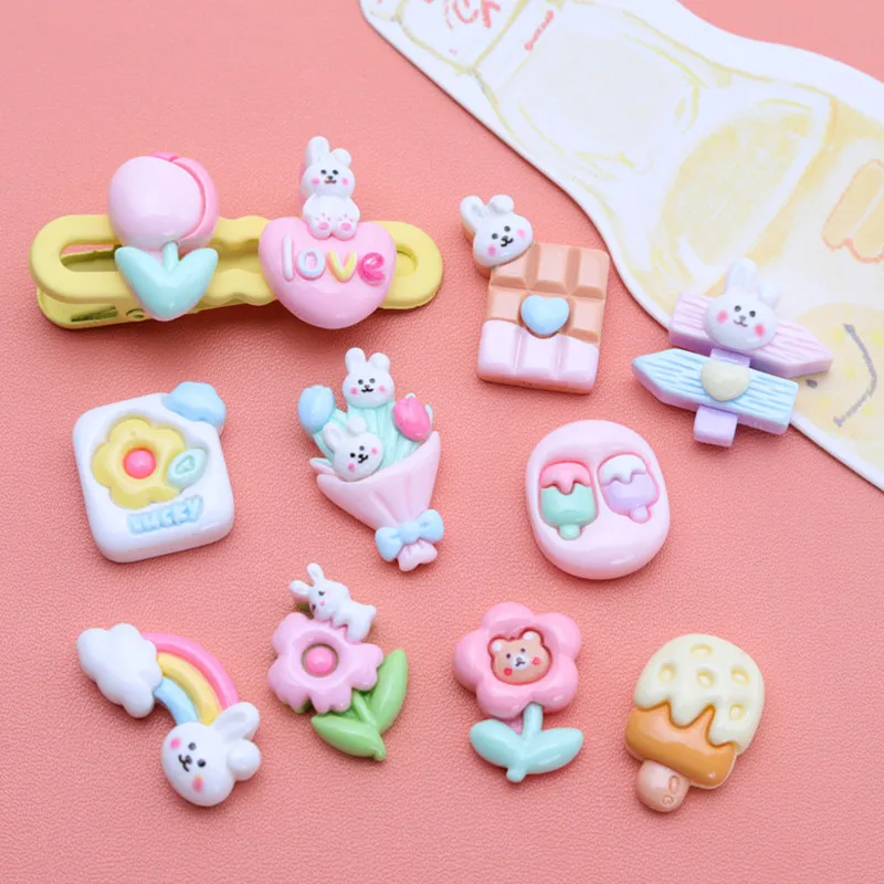 

Резиновый милый кролик серии Kawaii с плоским основанием Радужный цветок Мороженое Кабошон подходит для украшения телефона своими руками