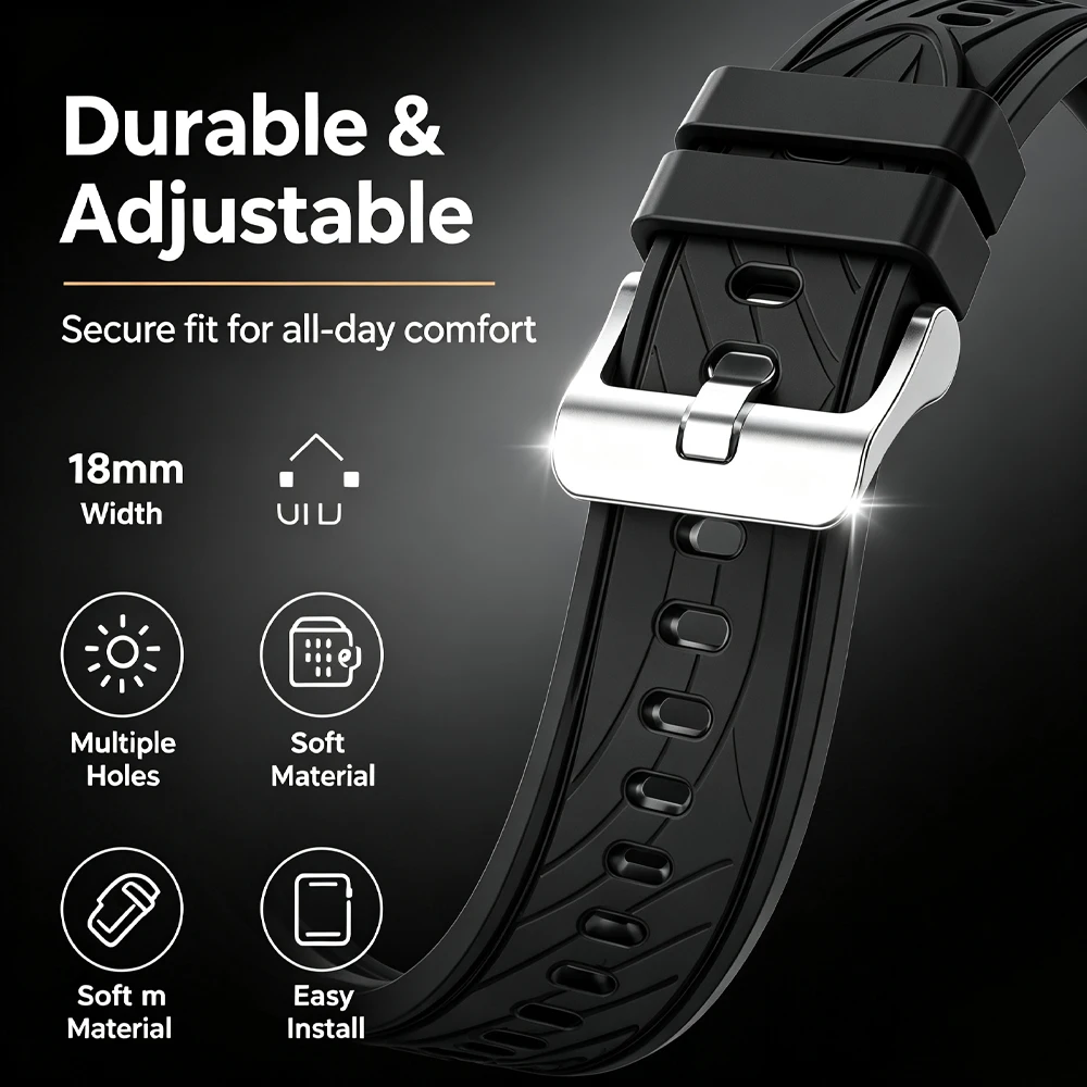 Premium 18mm Adjustable Silicone Sports Wristband - Comfortable and Stylish