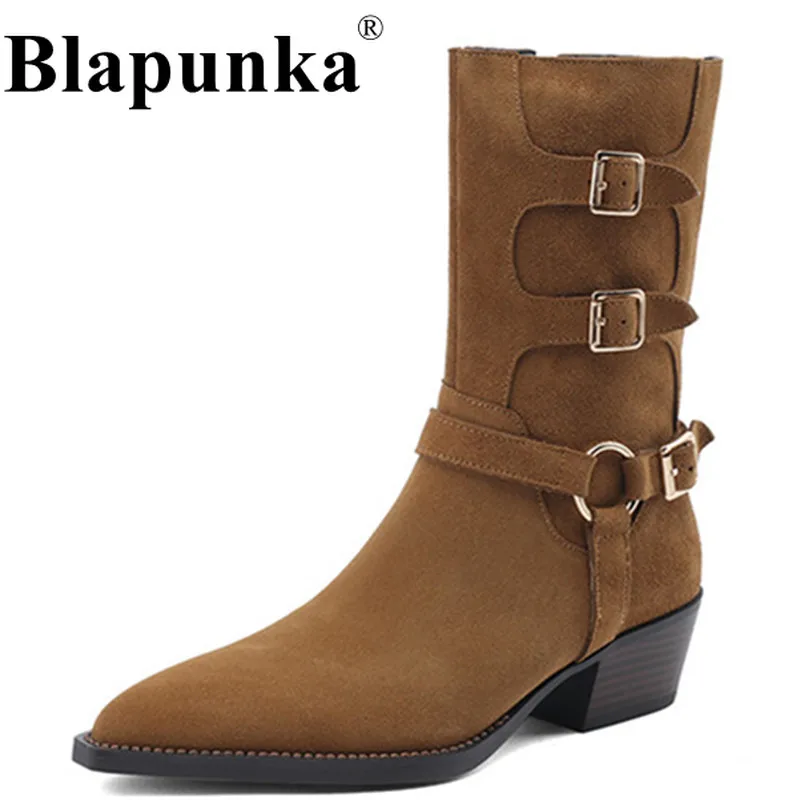 

Blapunka High Quality Women Multi-buckle Western Boots Chunky Heels Cow Suede Leather Cowboy Boot Brown Round Toe Shoes A/W 2023