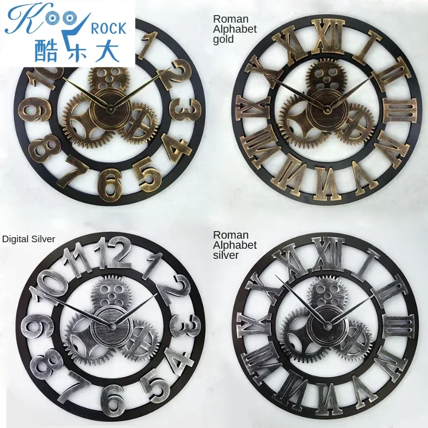 Vintage Industrial Wall Clock – 3D Gears Design with Roman Numerals, Retro Gold & Silver Finish 1
