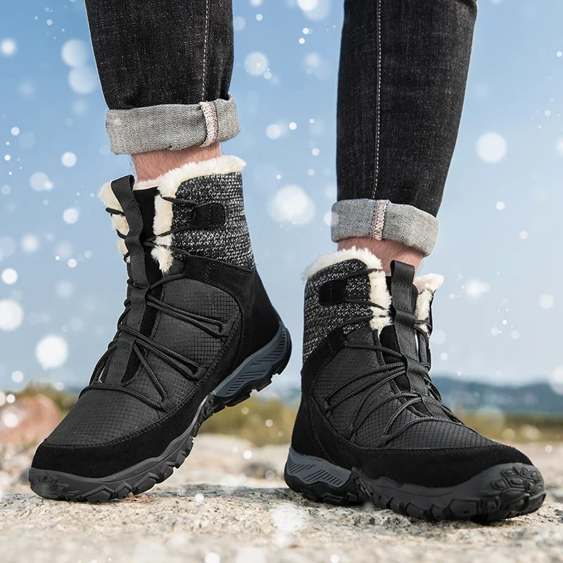 New Winter Men Snow Boots Outdoor Non-Slip Men Sneakers Plush Warm Leather Ankle Boots Winter Men Hiking Boots Large Size Shoes