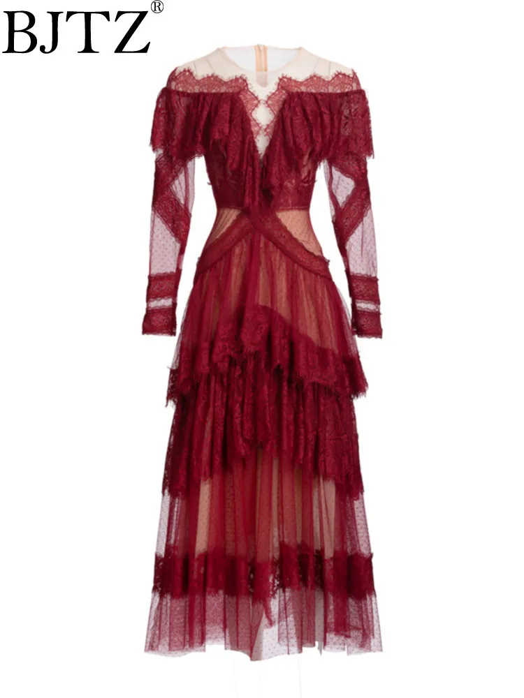 цена BJTZ French Lace Mesh Perspective Fairy Pure Desire Dress For Women 2024 Spring New Spliced Designer Elegant Dress HL306