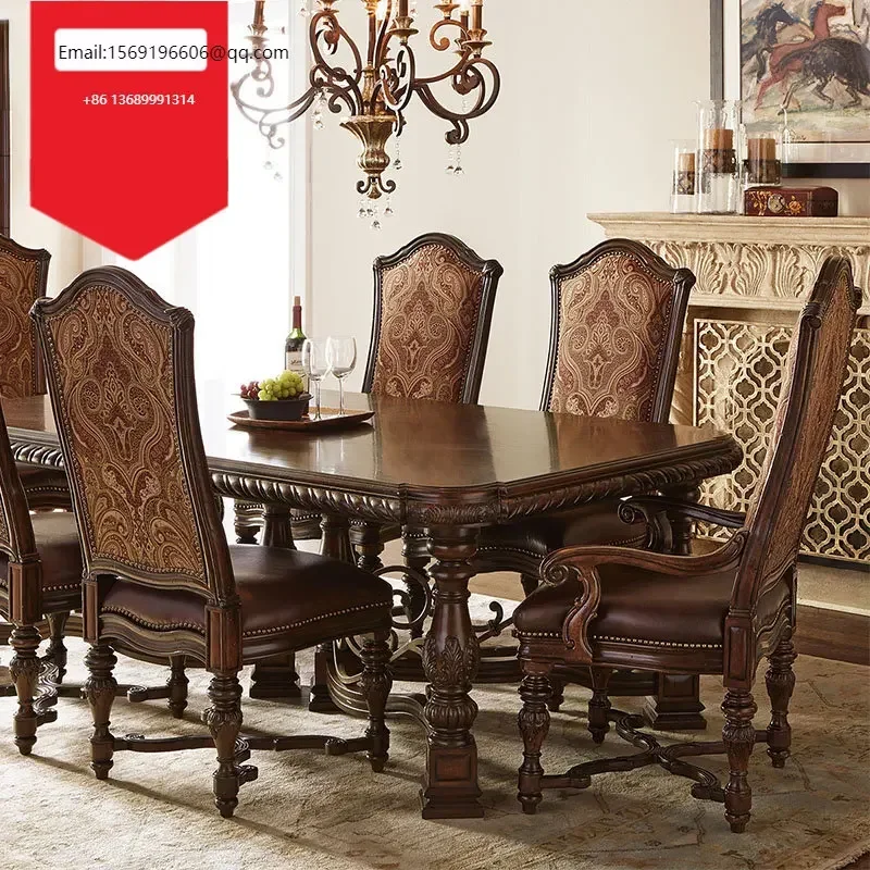 

American solid wood dining table mahogany log carving 2 meters long dining table one table and six chairs