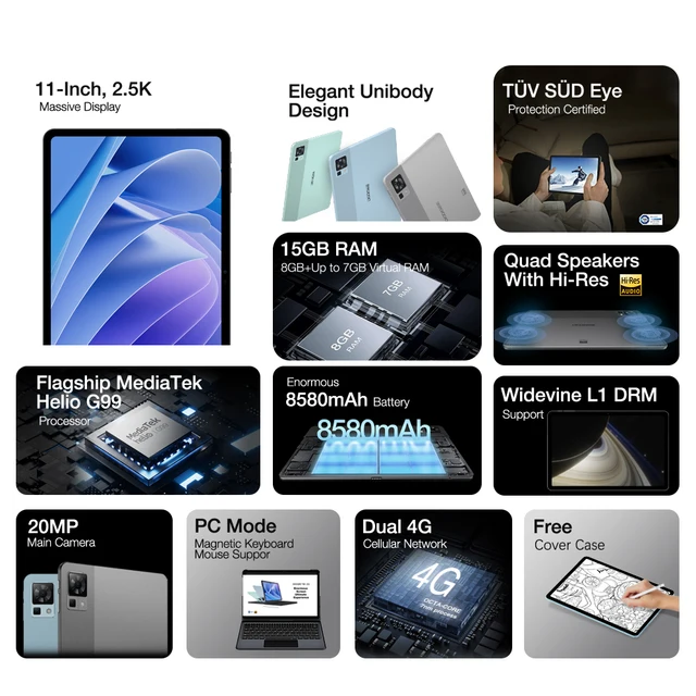 World Premiere DOOGEE T30 Pro Tablet MediaTek Helio G99 11'' 2.5K TÜV Certified 8GB+256GB 8580mAh 20MP Main Camera Android 13 2