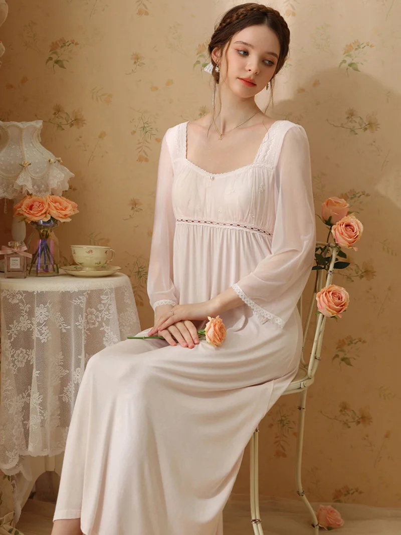 

Women Sexy Fairy Vintage Princess Nightgowns Long Sleeve Lace Pajamas Nightdress Mesh Modal Victorian Nightwear Sleepwear