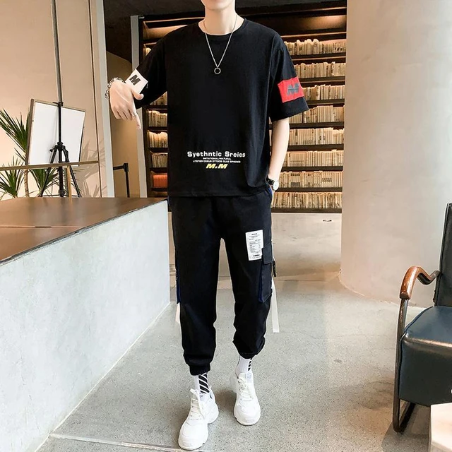 Kpop Male T Shirt Slim Fit Stretch Cargo Pants Sets Cool Grey Chic Top  Casual Cotton Korean Style Young La Nylon Clothes for Men - AliExpress