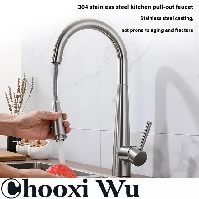 CHOOXIWU - Rubinetto da cucina estraibile in acciaio inossidabile con telescopico rotante per acqua calda e fredda per installazione sul piano di lavoro del bagno 1