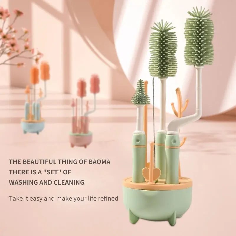 Bottle brush 4PCS Baby bottle brush set Multi-Functional Bottle Cleaning And Storage Set 360&deg; No Dead Angle Cleaning With Base Drain Rack