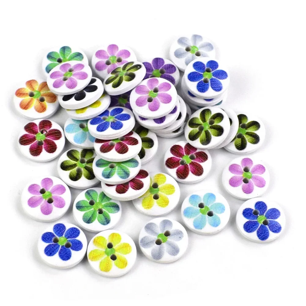 

Круглые деревянные пуговицы с цветами, 500 шт., 15 мм, рукоделие, шитье, скрапбукинг, аксессуары для одежды, подарочные открытки, Швейные аксессуары