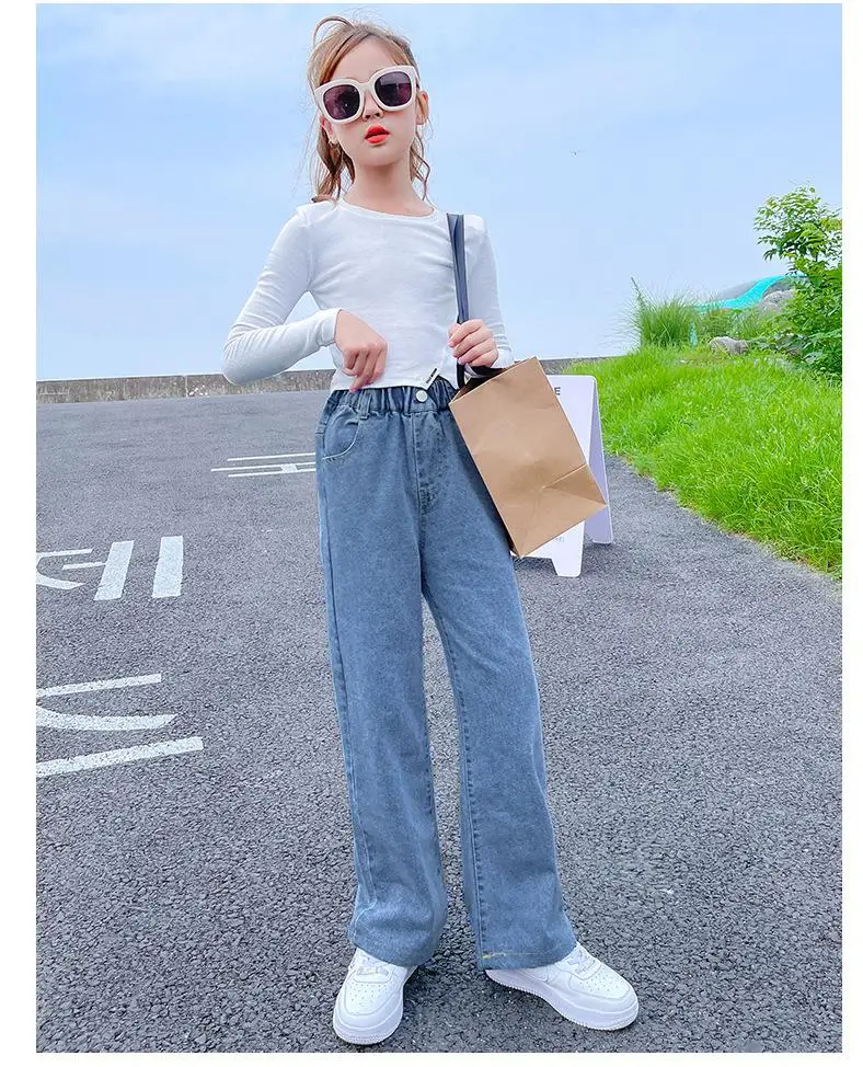 2026 نمط فضفاض غير رسمي للمراهقات جينز سميك للخريف والشتاء مستقيم واسع الساق من قماش الدنيم بنطلون جينز دافئ للأطفال