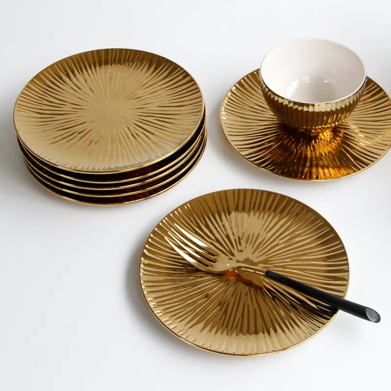 

European Creative Relief Ceramic Gold-plated Ray Pattern Plate Western Food Plate Hotel Dinner Plate Kitchen Storage Plate