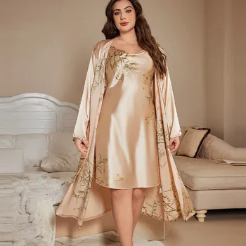 2 قطعة جديد طويل المرأة بيجامة مجموعات تقليد الحرير النوم و رداء مثير رقيقة الإناث صالة الصيف التبريد رداء حجم كبير XL-5XL 4