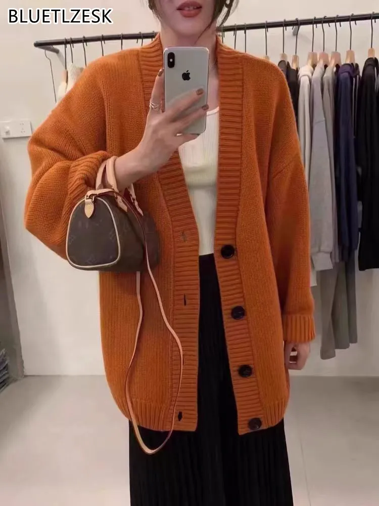 Autumn and Winter Fashion Casual Coat Loose Long-sleeved Sweater Mid-length Cardigan