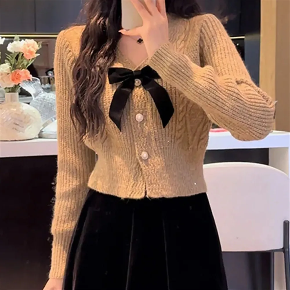 

Small Fragrant Wind Bow V-Neck Short Cardigan Sweater Jacket Women'S 2024 Autumn Winter New Niche Versatile Knitwear Top Korean