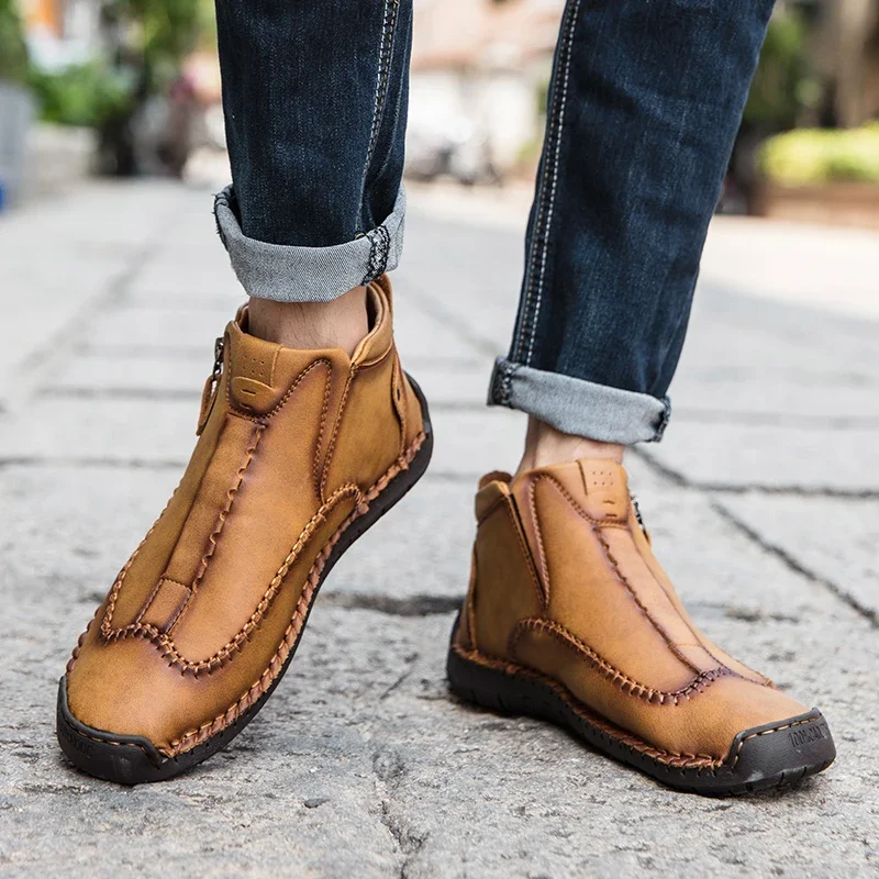 Men Leather Outdoor Ankle Boots Work Handmade Metal Zipper
