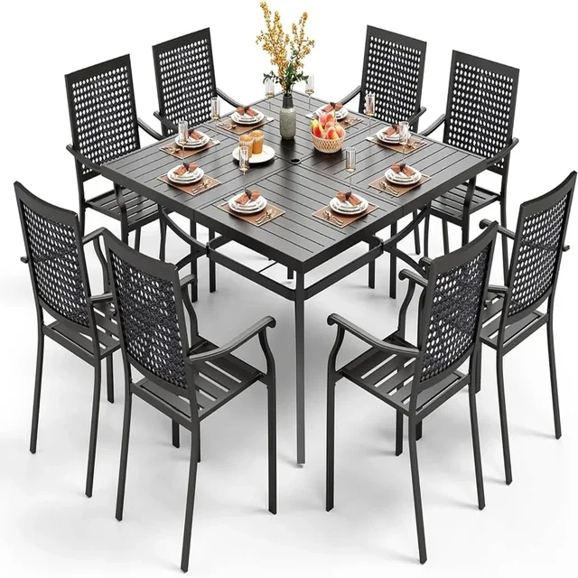 Set tavolo da pranzo da patio quadrato in ferro battuto da 60" per 8 persone - Grandi mobili da esterno in metallo 6