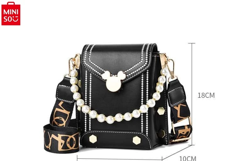 MINISO Disney Mickey Fashion Lock Buckle Versatile Sweet Pearl Pendant Phone Bag Women's High Quality Storage Small Square Bag