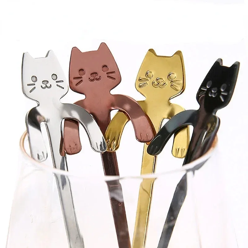 Stainless Steel Spoon Tea Spoon 4pcs Stainless Steel Cute Cat Spoons Coffee Tea Ice Cream Teaspoons Spoon Dessert Snack Scoops Home Flatware Kitchen Accessories