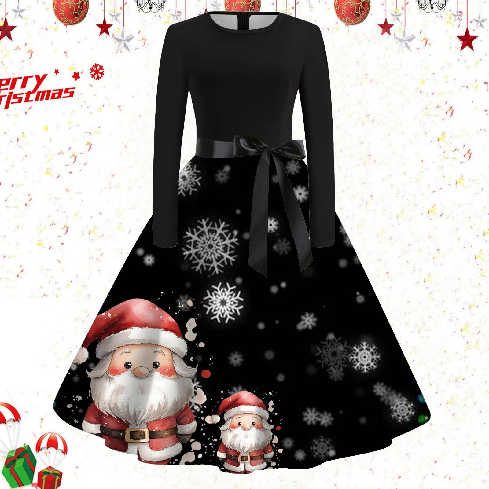 

Women Christmas Print Dress Vintage Round Neck 1950s Housewife Party Dress Plus Size Santa Claus Print Lace Up A-Line Dresses