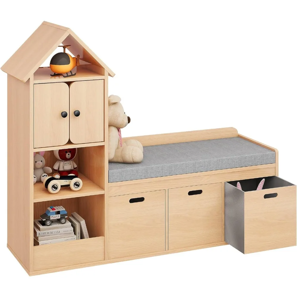 Kids Bookcase and Bookshelf with Reading Nook, Multifunctional Bookcase with 3 Open Storage Cubbies and 3 Drawers