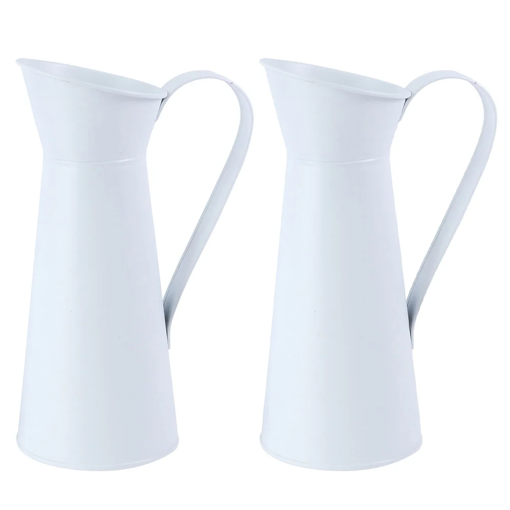 

2pcs Rustic Flower Arrangement Vase Vintage White Jug Metal Bucket Vase Decorative Jug Pot Farmhouse Flower Pitcher