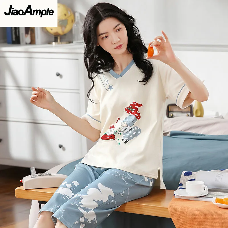 100% Cotton Pajamas 2022 Summer New Cropped Pants Pijamas Nightwear Two-piece Set Women's Thin Cartoon Sleepwear Homewear Suit