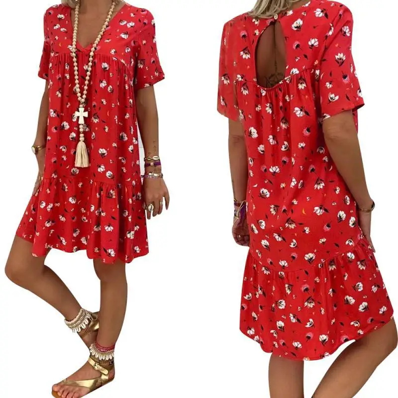 Vestido de Verão Decote em v Senhora a Line Oco para Fora de Volta Feminino Tamanho Grande Imprimir Manga Curta Poliéster Escritório Vestido 7 Computers & Electronics