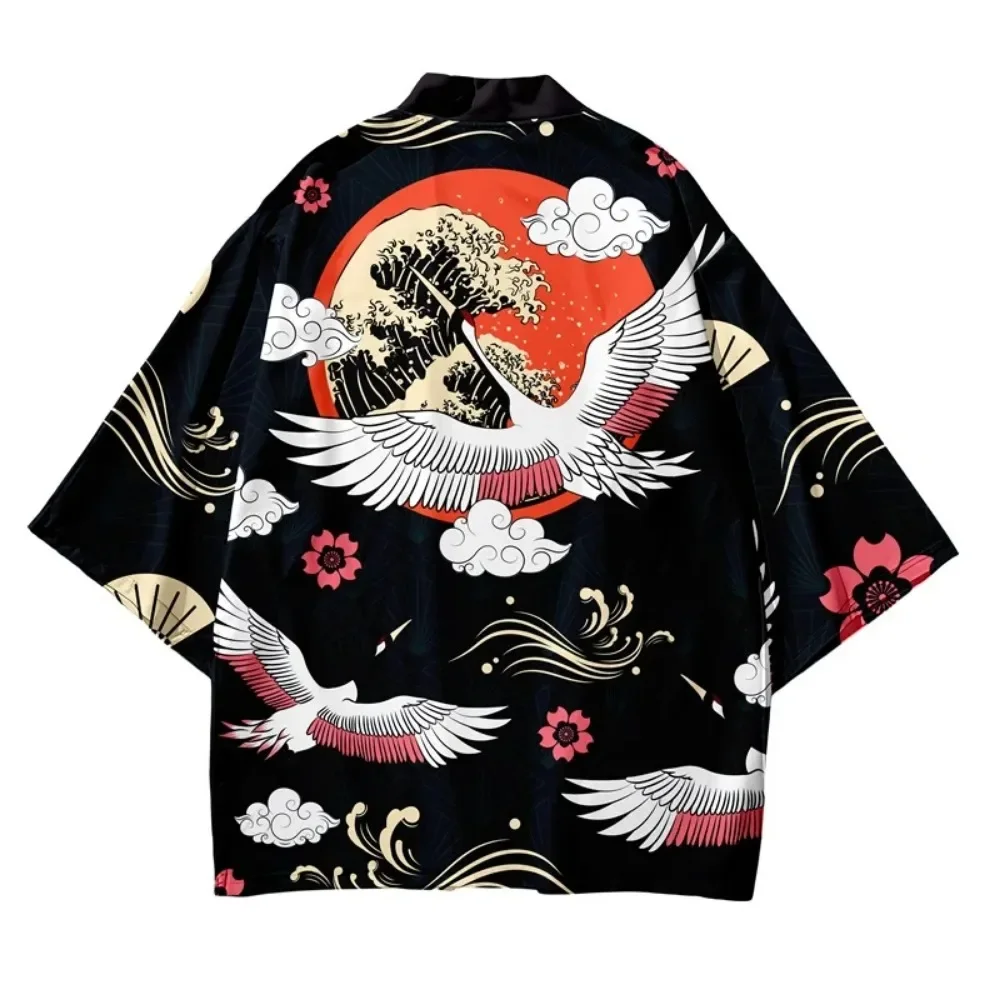 Japanese Kimono Cardigan Crane Pattern Print Men Women Harajuku Yukata Top