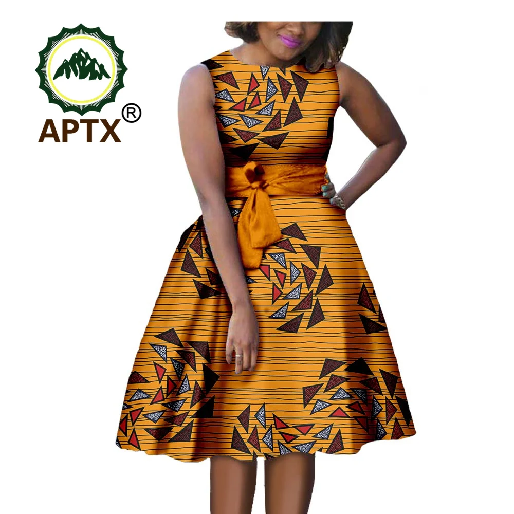 

African Dresses for Women Summer Ankara Print Sleeveless A-line Dress with Belt Dashiki Casual Party Wedding 1A722584