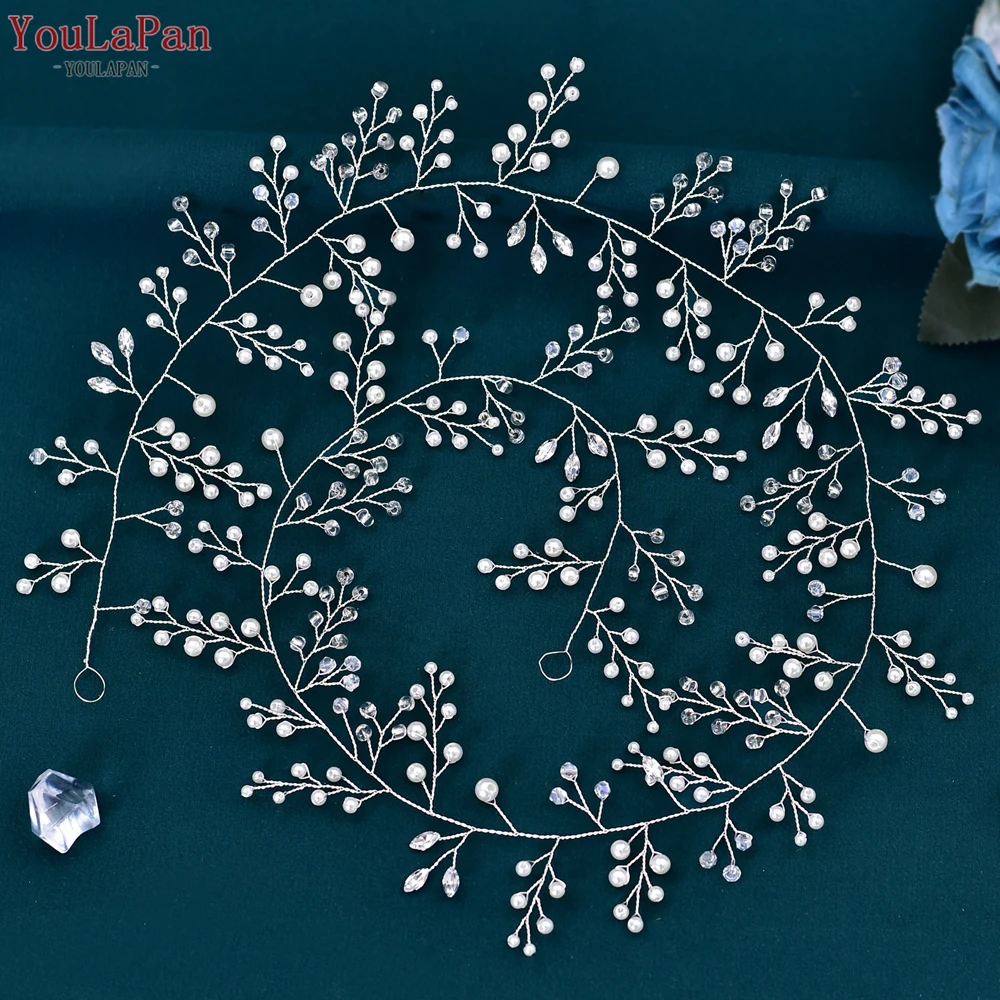 

TOPQUEEN Woman Hair Vine Pearls Crystal Headband for Wedding Hair Accessory Bridal Headpiece Handmade Long Hair Piece HP120