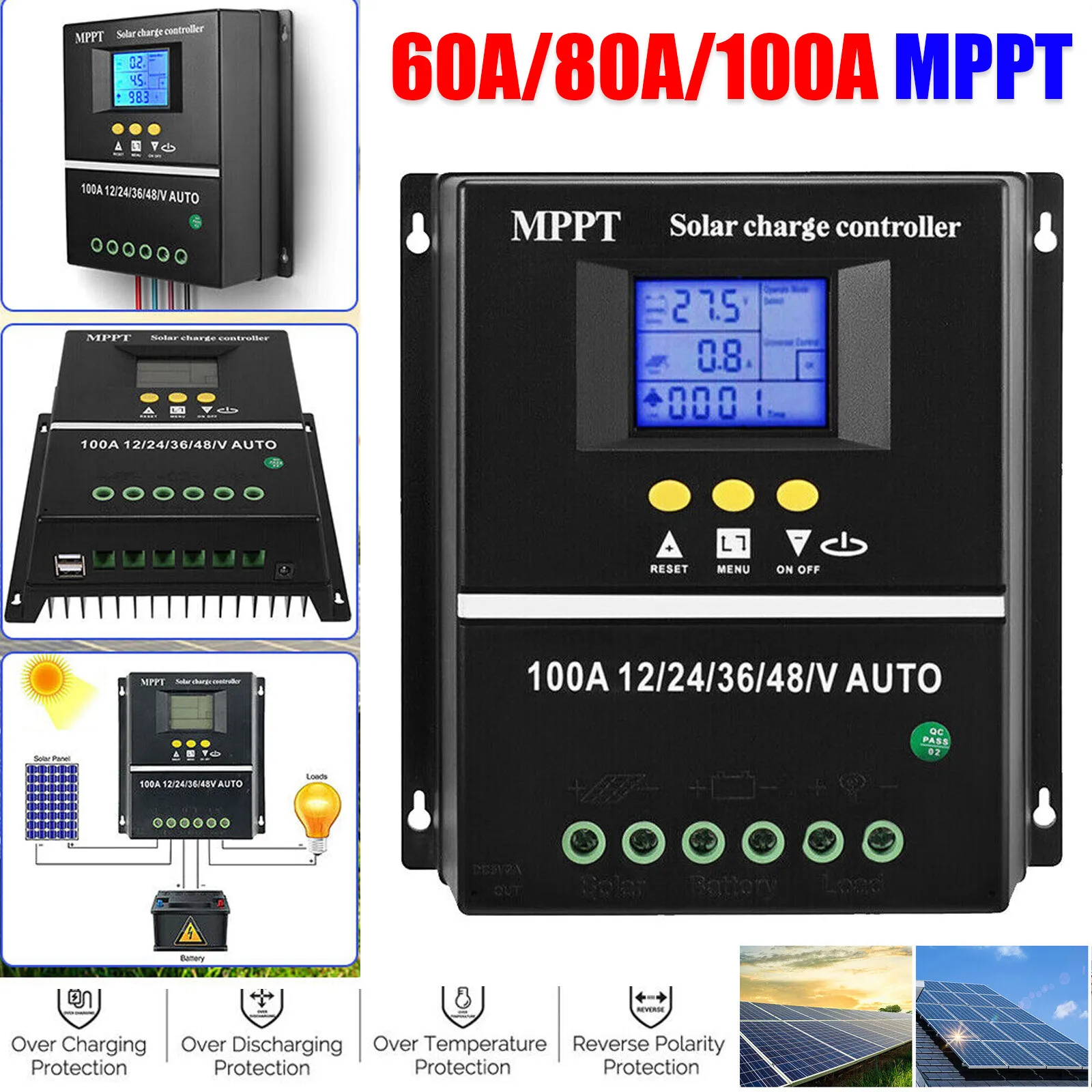 60/80/100A MPPT Solar Panel Charge Controller Regulator Dual-USB 12V/24V/36V/48V