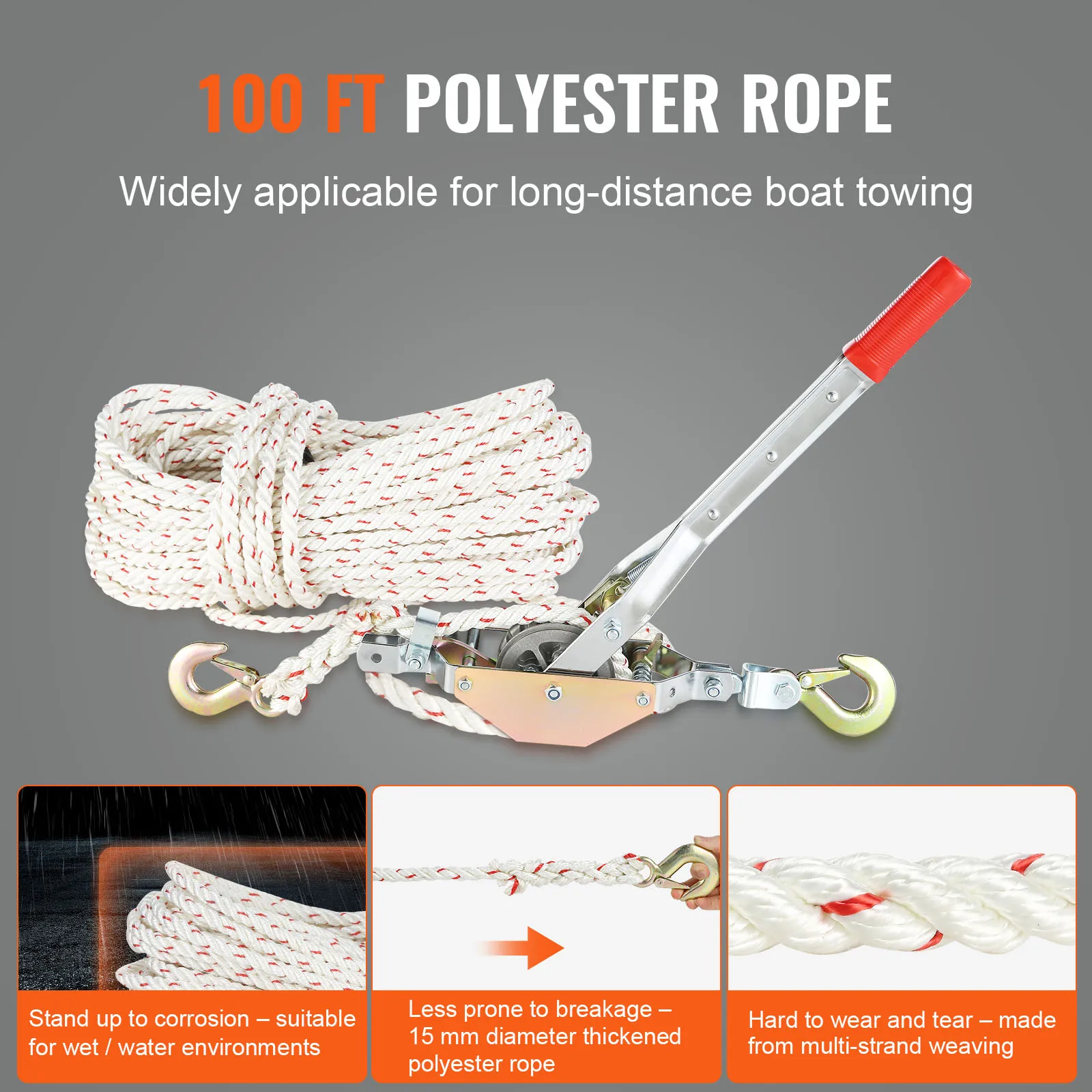 SucceBuy Rope Puller 3/4 T 1653lbs Pulling Capacity with 100' 0.6" diameter Rope 2 Hook Come Along Winch Heavy Duty Puller Tool