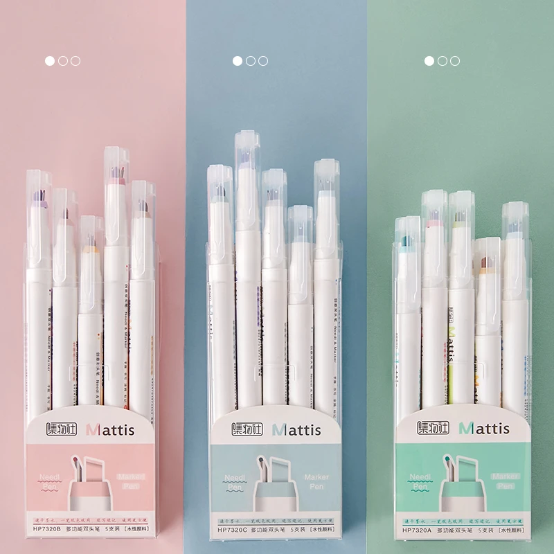 

5pcs/Set 4mm Brush Marker 1mm Liner Needle Double Ended Fluorescent Pens for Spot Highlight Drawing Office School