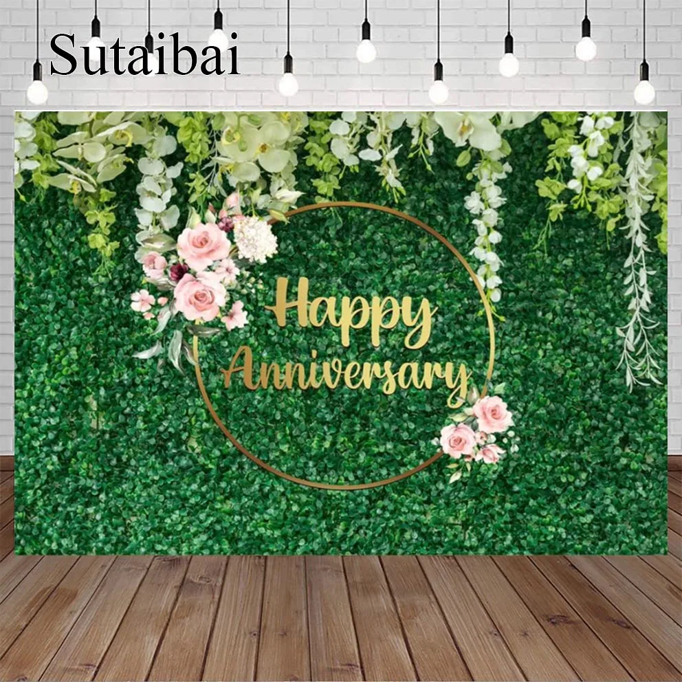 

Green Grass Wall Floral Happy Anniversary Backdrop for Flower Love Cheers To 10 Years 50th Wedding Birthday Party Supplies