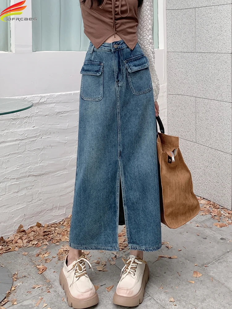 

DFRCAEG Spring Summer Long Denim Skirt Women New Arrivals 2023 High Waist A Line Front Slit Washed Blue Pockets Jean Skirts