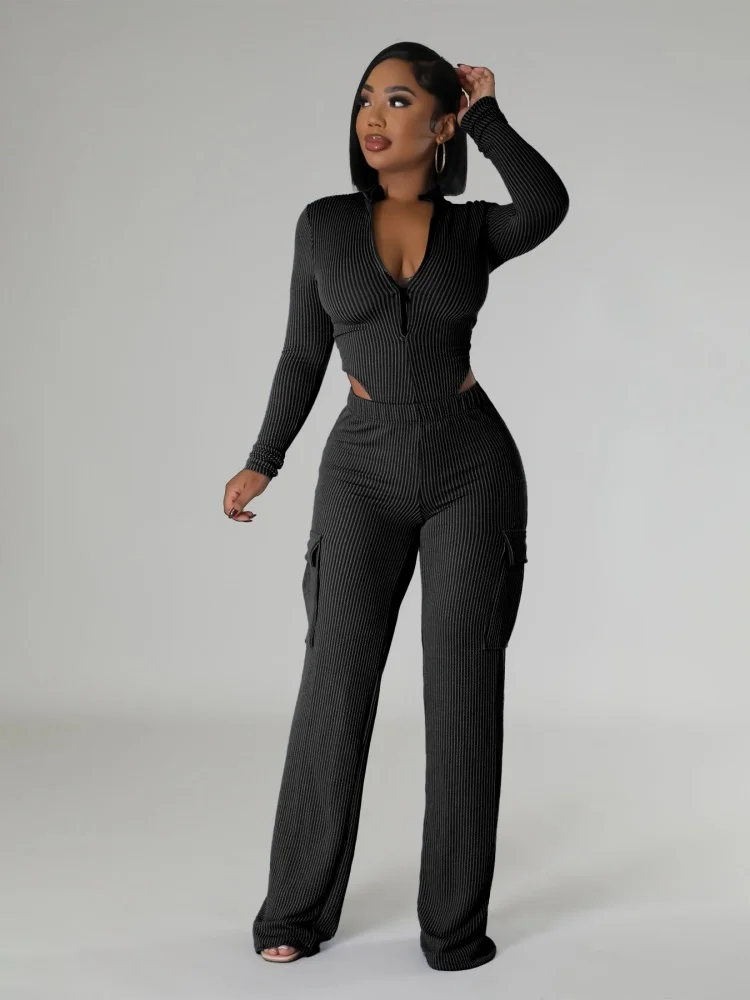 Wmstar Autumn Women Two-piece Elastic Twisted Strip High Waisted Long Sleeved Jumpsuit Work Pants Set Wholesale Dropshipping