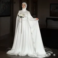 Eightale Muslim Wedding Dress High Neck Satin Customized Beaded Sashes Arabic Bridal Gown Long Sleeves Vestido De Noiva 1