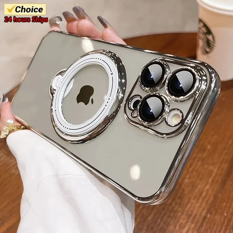 

Luxury Plating Standing Holder Magnetic Case For iPhone 15 14 Plus 13 12 11 Pro Max Transparent For Magsafe Ring Bracket Cover