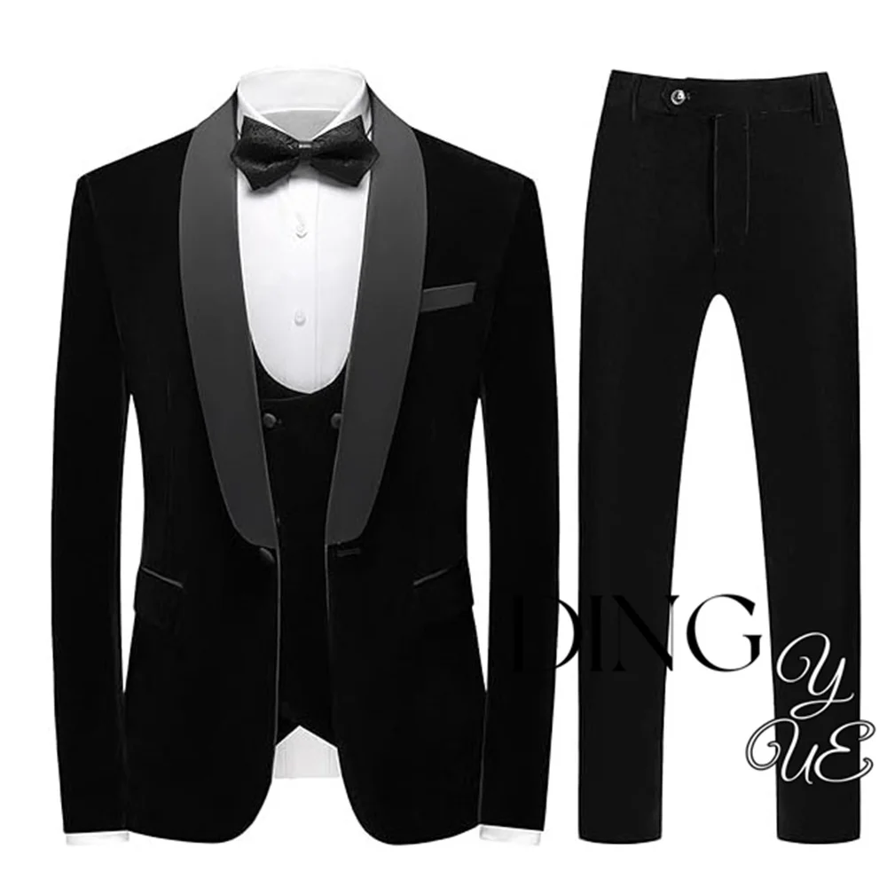 

Mens 3 Piece Velvet Slim Fit Suit Tuxedo Suits Shawl Collar One Button Wedding Dinner Prom Jacket Vest Pants Suit Set Plus Size