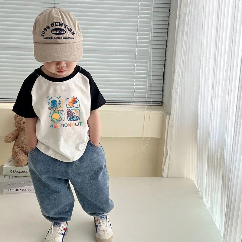 New Kids Summer Clothes T Shirts Children O-Neck Patchwork Clothing For Girls Short Sleeve Baby Boys Fashion Letter Cartoon Tops