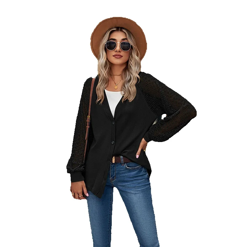 

2023 Autumn And Winter New Loose Knitted Cardigan Women's Casual Waffle Collar Lace Long Sleeve Top Women