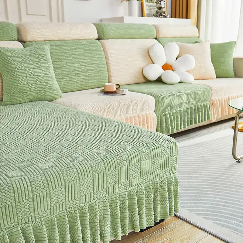 스판덱스 L 자형 소파 슬립 커버, 스커트가 있는 자카드 소파 커버, 간편한 핏, 범용 가구 보호대, 1 석, 2 석, 3/4 석