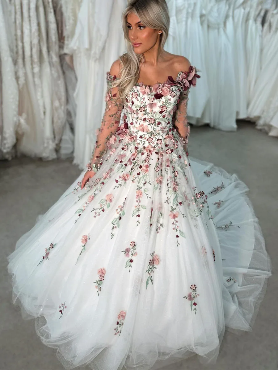 wedding dress with colored flowers embroidered Sansa Real Photos Colorful Flowers Embroidery Lace Wedding Dress Strapless Boho Low Back Custom Bridal Gown