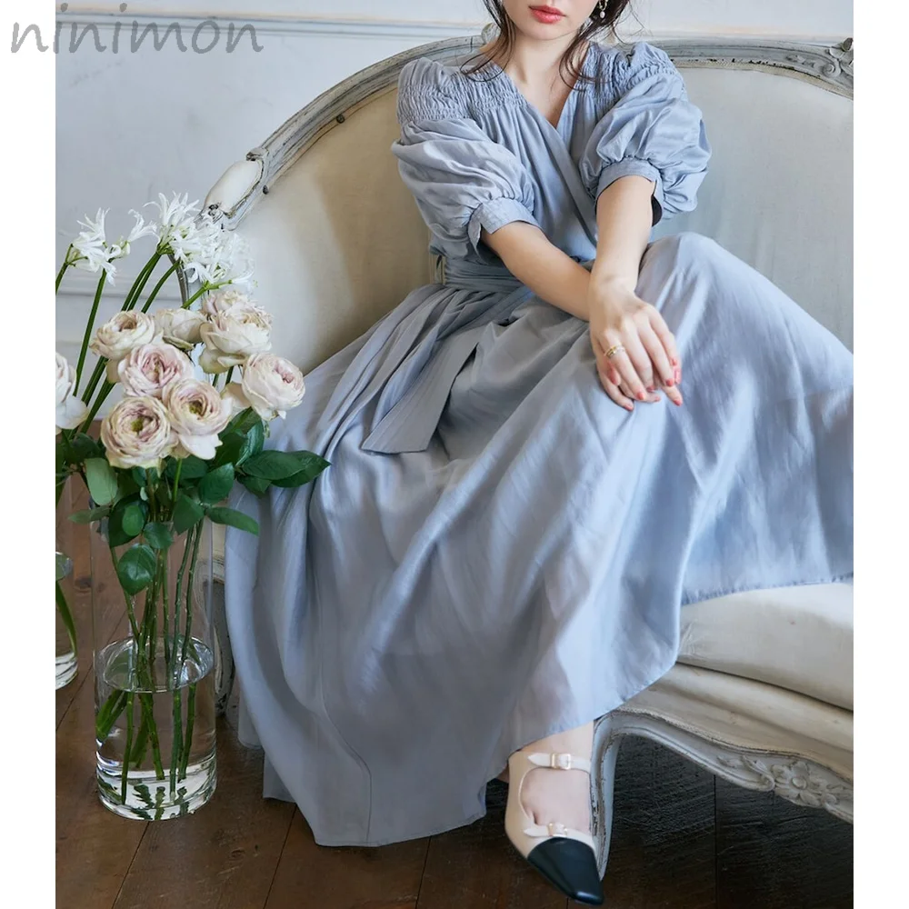 

NINIMON Vintage Dress Puffer Sleeve Summer Elegant Lace Up Simple Temperament Waist Slim Dresses Midi Soild Dress