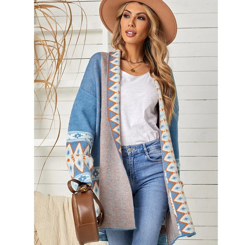 

Long Cardigan For Women Elegant Bohemian Printed Sweater Knitted Coat Fashion Female Loose Casual Ethnic Style Cardigans