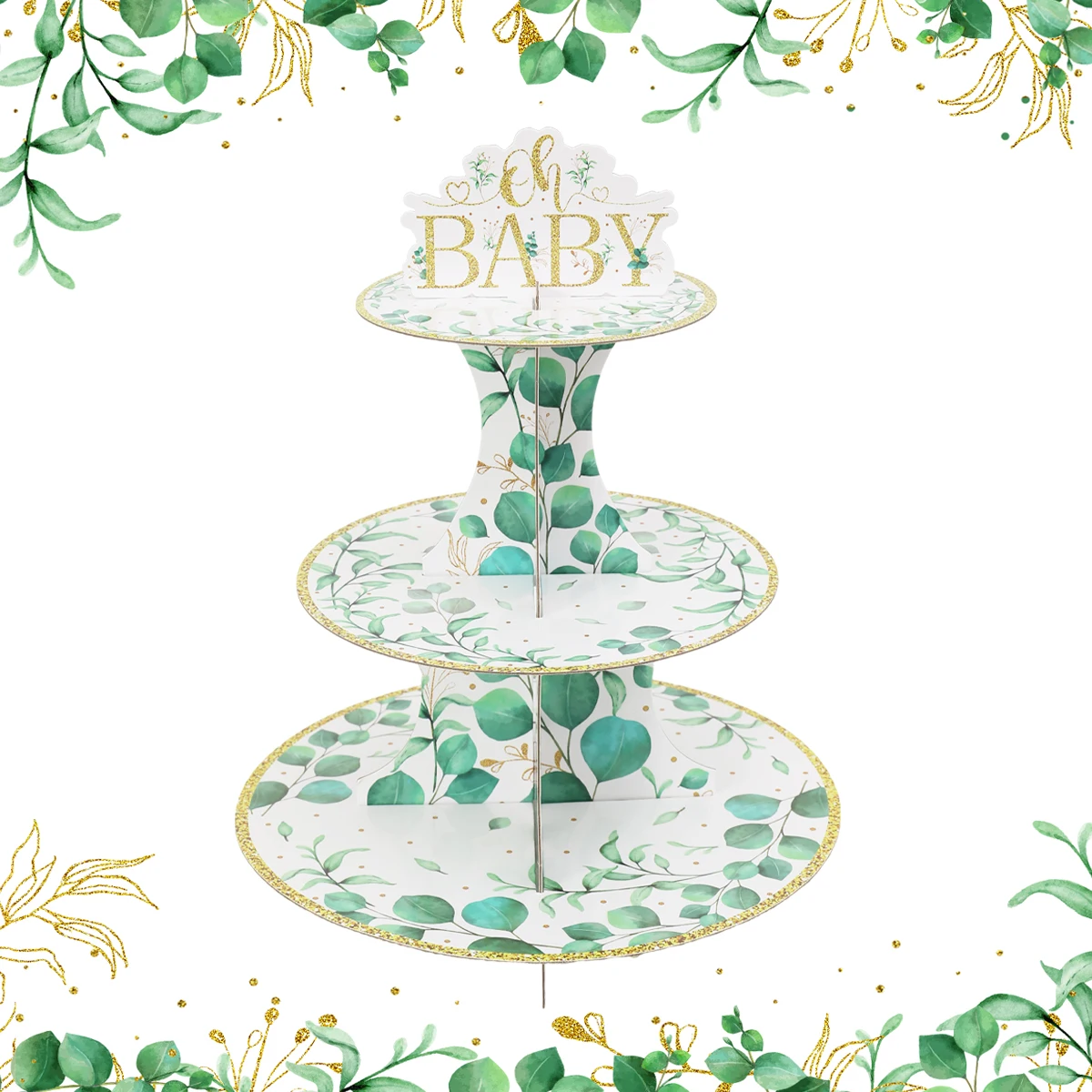 Golden Edged Green Leaf Paper Cake Stand Birthday Party Decoration Kids Baby Shower Reveals Gender Party Supplies Cake Decor