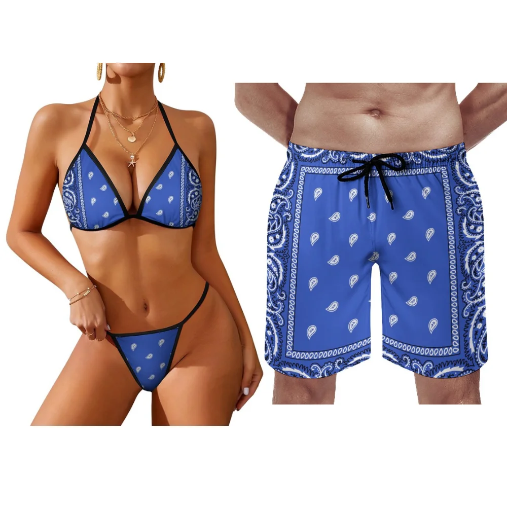 

Summer Vacation Leisure Beach Couple Swimwear Sexy Women's Bikini Men's Shorts Bandana Customized Couple Swimwear