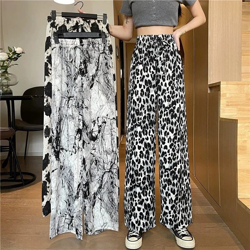 Summer Women Ink Tie Dye Baggy Wide Leg Ice Silk Pants 2023 Vintage Clothes Women\'s Casual Trousers Female Plus Size Pants
