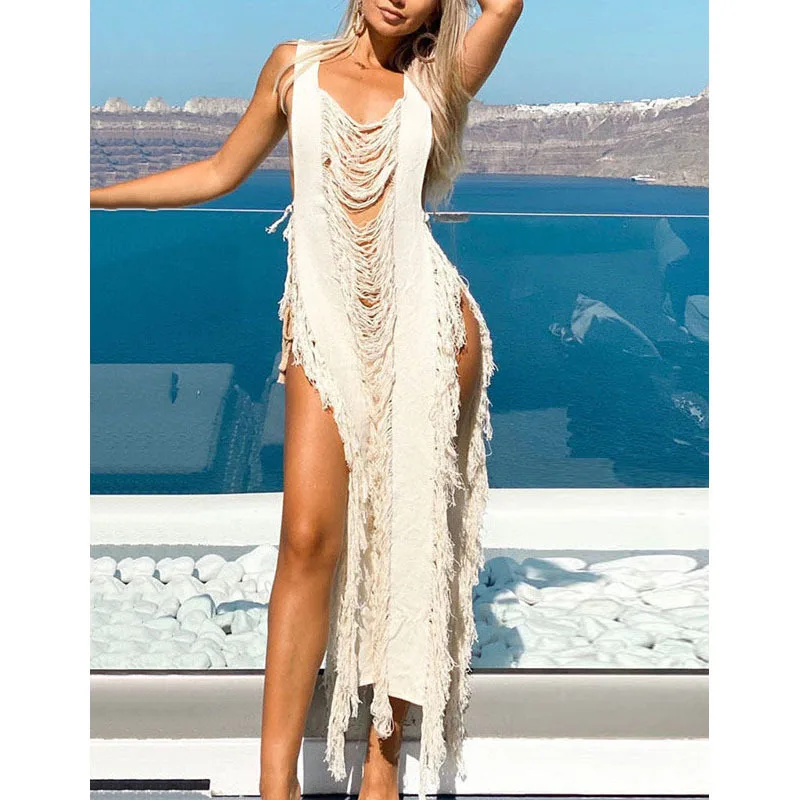 

Sexy Tassel Hollow Out Beach Cover Up Crochet Women Swimwear Rash Guard Beach Kaftan Wrap Dress Robe De Plage Saida De Praia