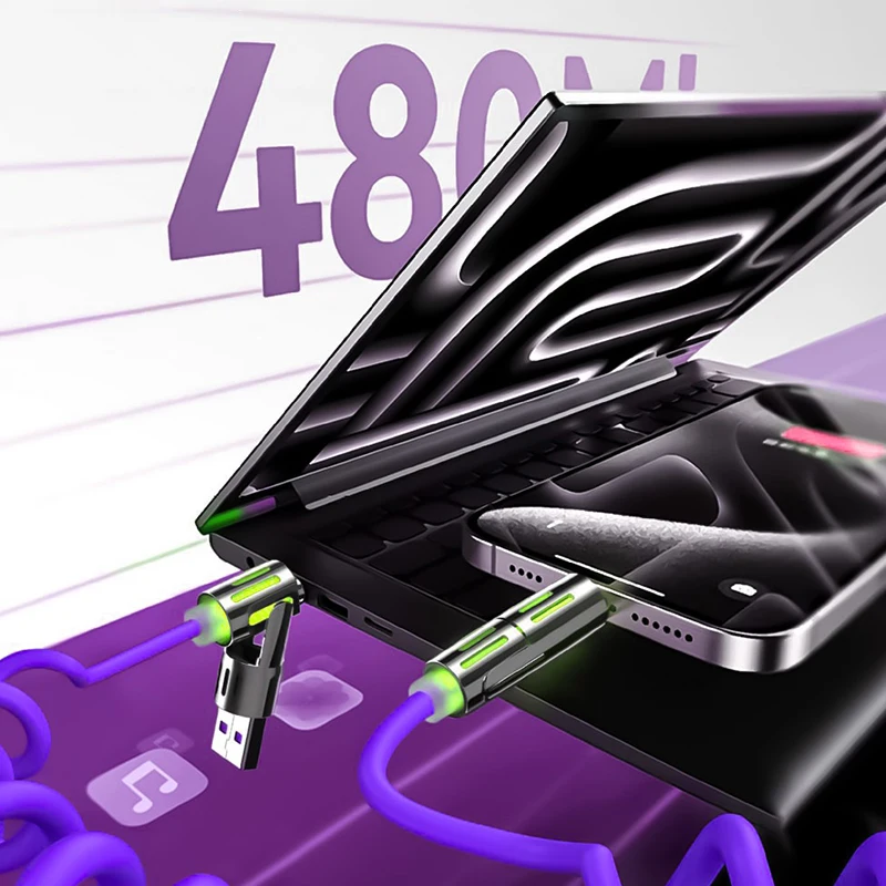 4 in 1 65W 스프링 데이터 케이블 USB C타입 스프링 텔레스코픽 고속 충전기 차량용 휴대폰 케이블, 카플레이 및 하이카 지원 (휴대폰/태블릿용)